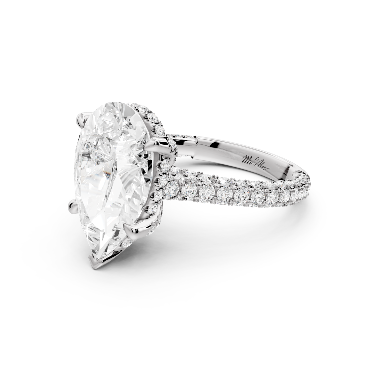 Bianca - 5ct 14k white gold pear Diamond hidden halo with a diamond crown and bridge rollover pave cathedral Engagement ring