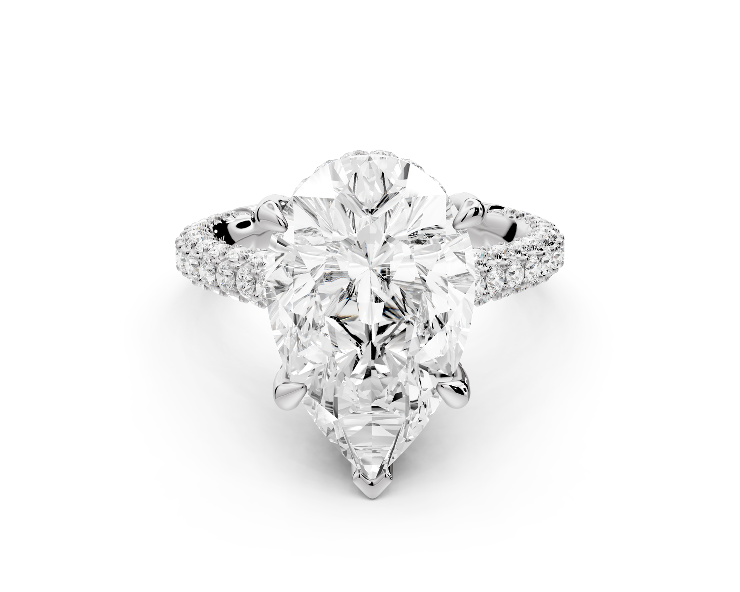 Bianca - 5ct 18k white gold pear Diamond hidden halo with a diamond crown and bridge rollover pave cathedral Engagement ring