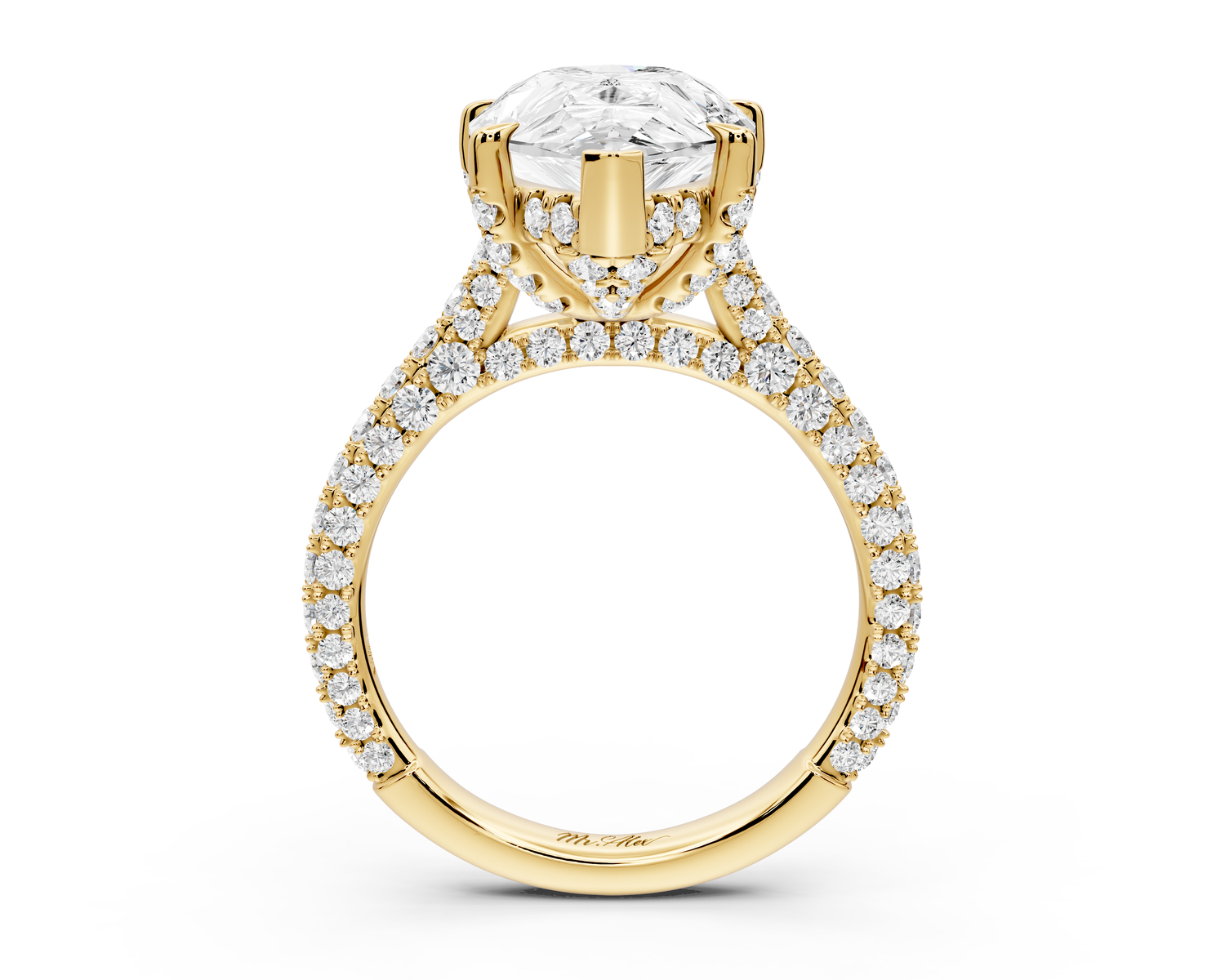Bianca - 5ct 14k yellow gold pear Diamond hidden halo with a diamond crown and bridge rollover pave cathedral Engagement ring
