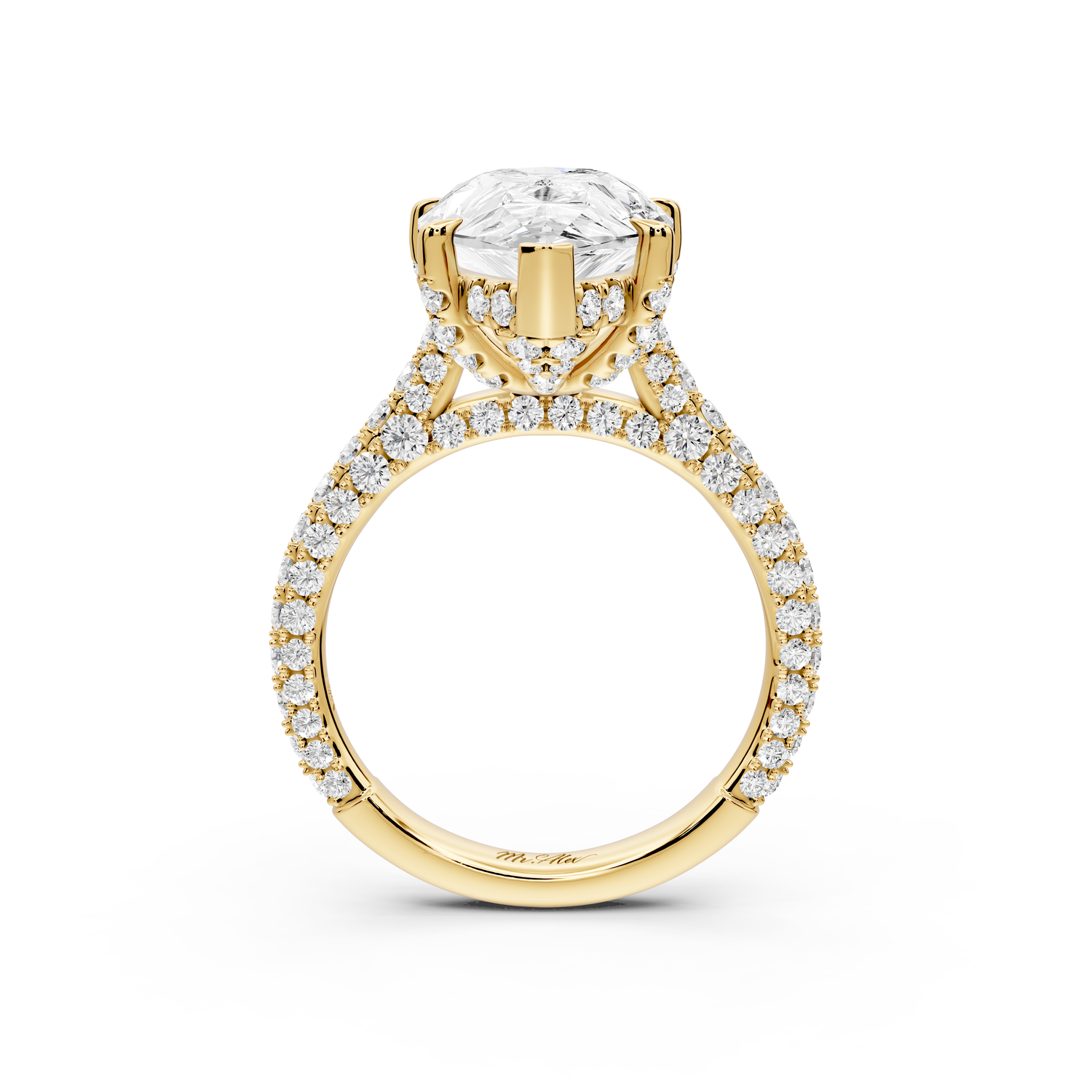 Bianca - 5ct 14k yellow gold pear Diamond hidden halo with a diamond crown and bridge rollover pave cathedral Engagement ring