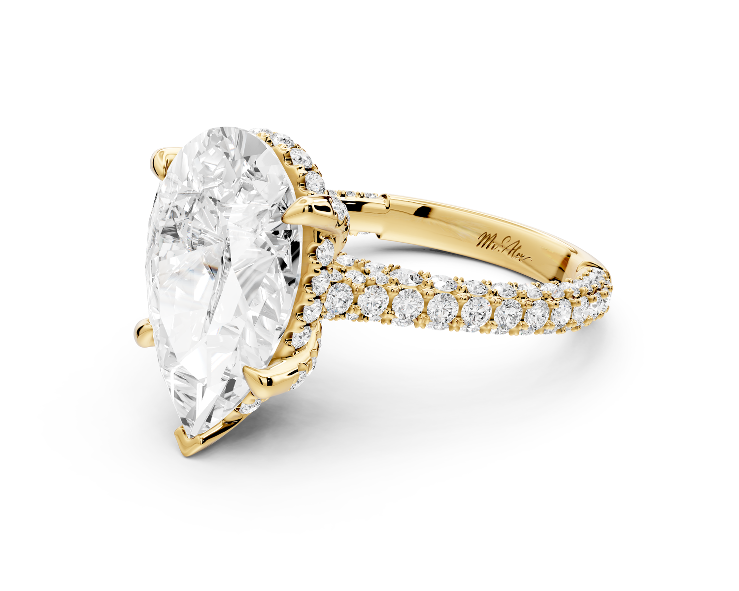 Bianca - 5ct 14k yellow gold pear Diamond hidden halo with a diamond crown and bridge rollover pave cathedral Engagement ring