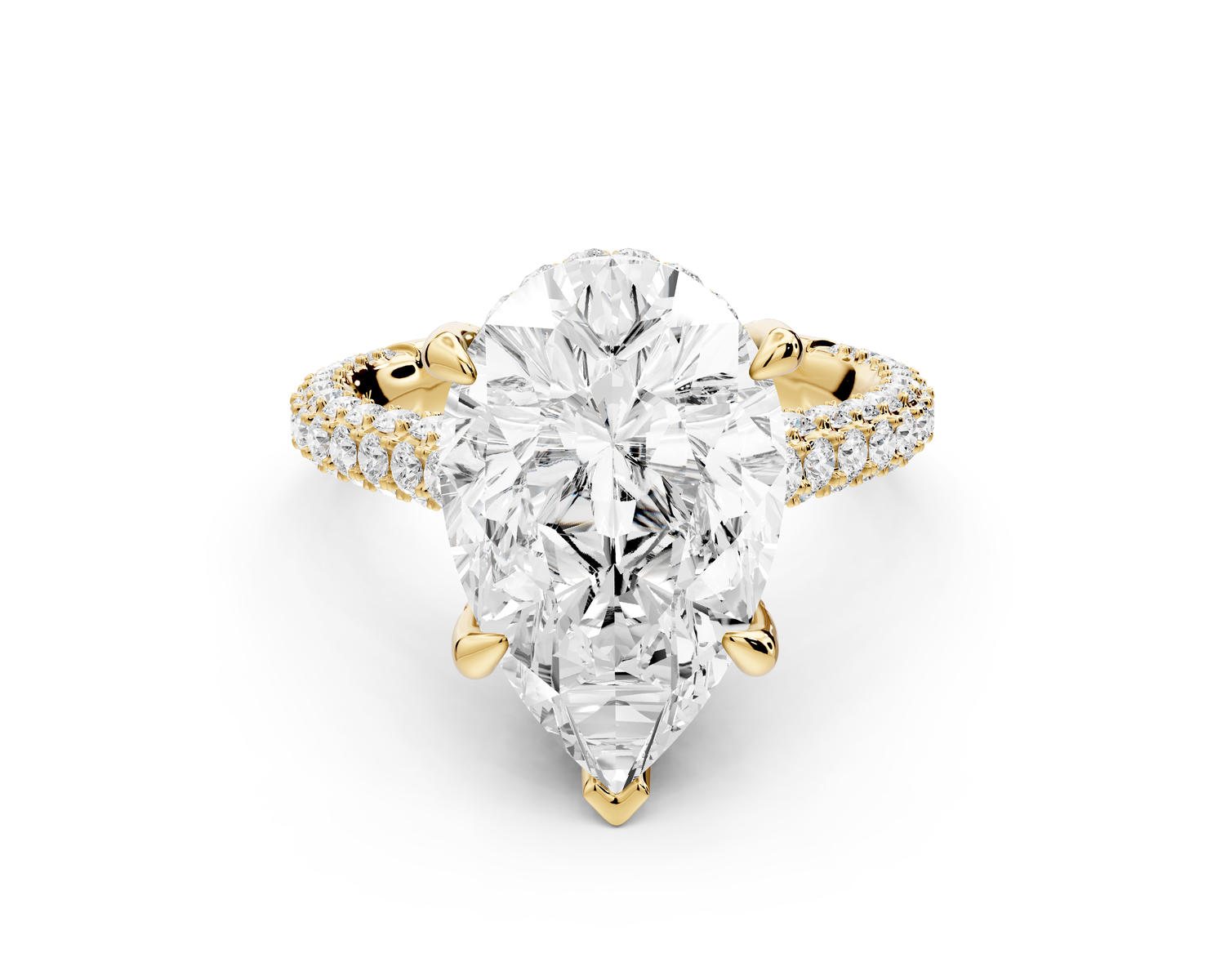Bianca - 5ct 14k yellow gold pear Diamond hidden halo with a diamond crown and bridge rollover pave cathedral Engagement ring