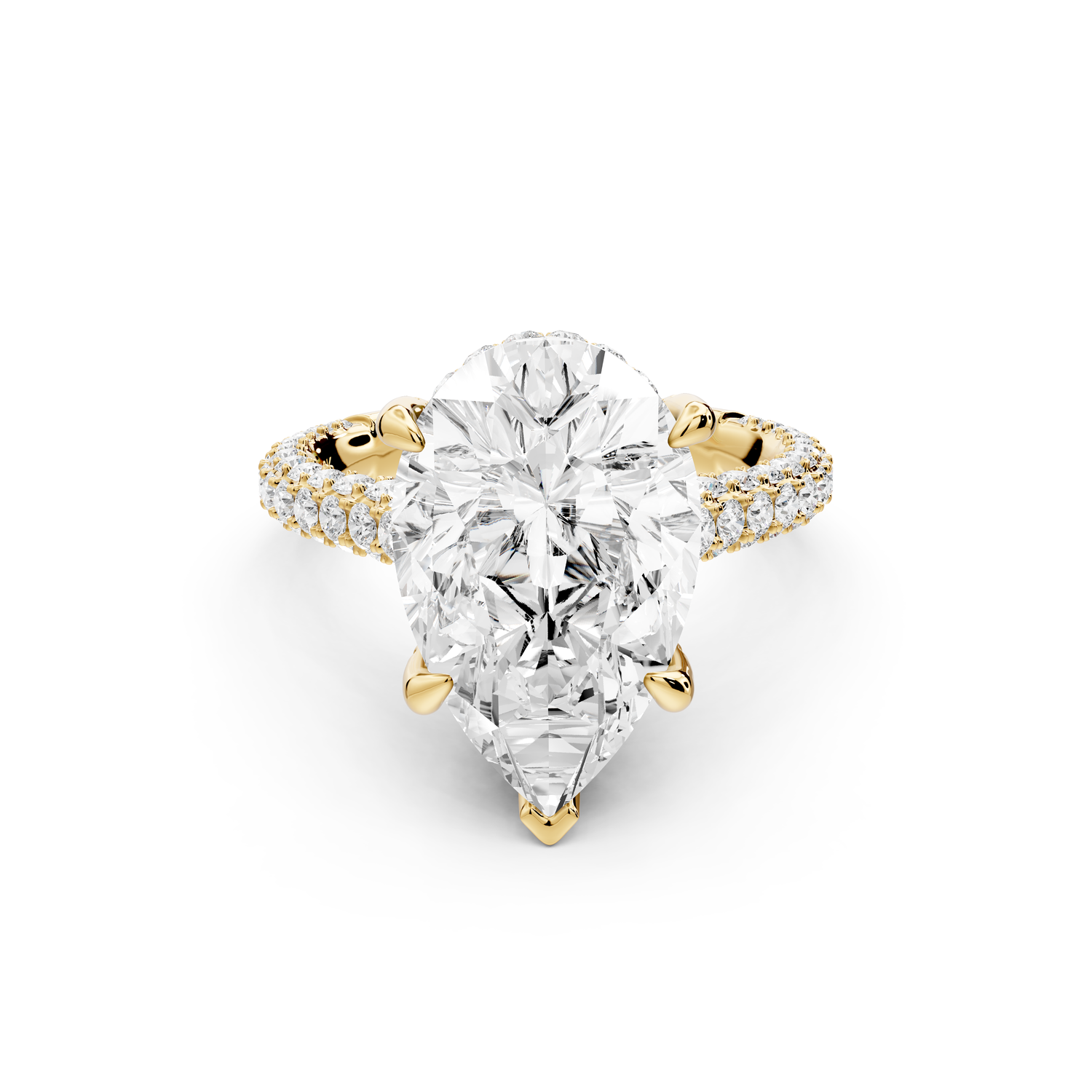 Bianca - 5ct 14k yellow gold pear Diamond hidden halo with a diamond crown and bridge rollover pave cathedral Engagement ring