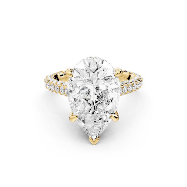 Bianca - 5ct 14k yellow gold pear Diamond hidden halo with a diamond crown and bridge rollover pave cathedral Engagement ring
