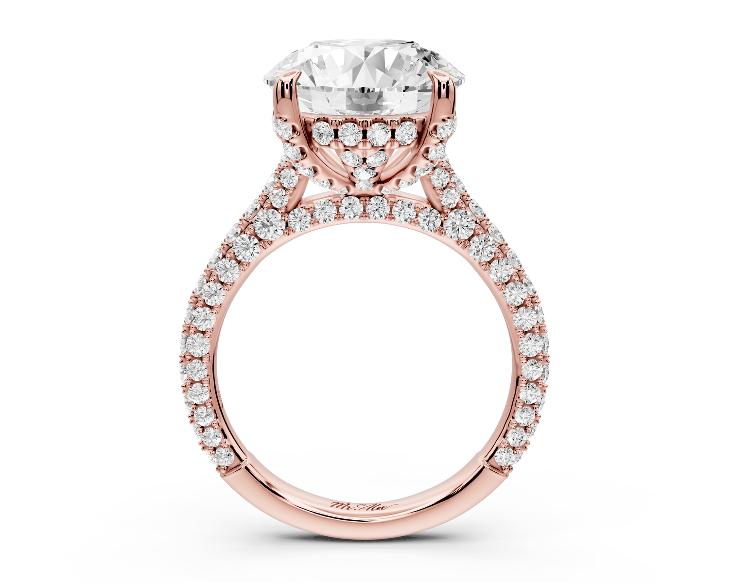Bianca - 5ct 14k rose gold round Diamond hidden halo with a diamond crown and bridge rollover pave cathedral engagment ring