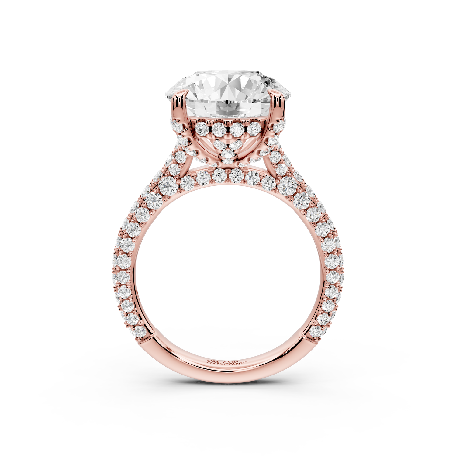 Bianca - 5ct 14k rose gold round Diamond hidden halo with a diamond crown and bridge rollover pave cathedral engagment ring