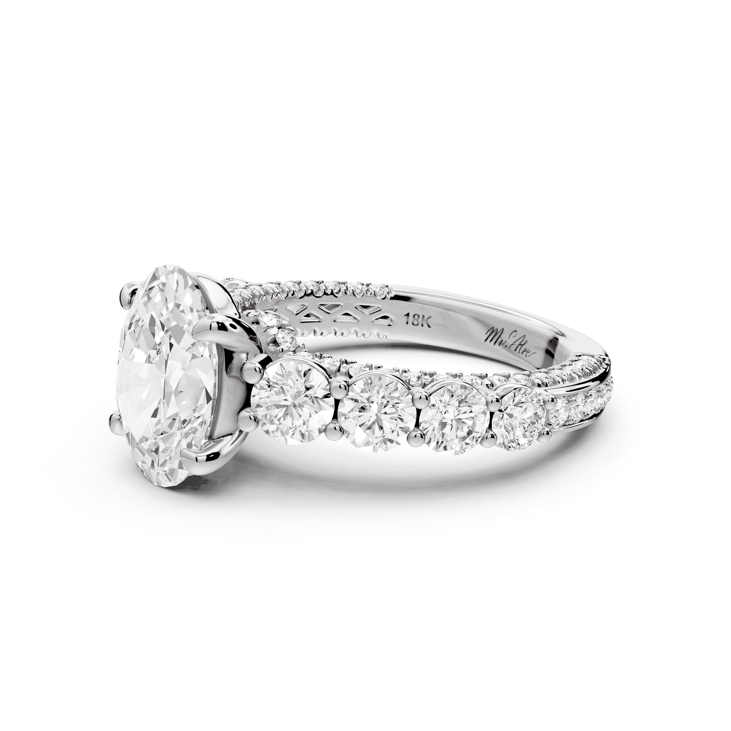 Rocio - 2ct platinum Oval Hidden Halo Engagement Ring with Graduated Side Stones and Double Pavé Band