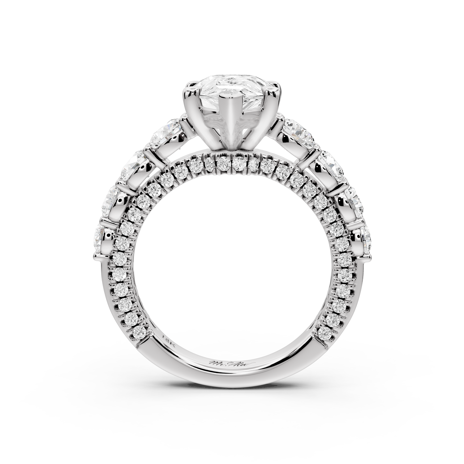Rocio - 2ct platinum Pear Hidden Halo Engagement Ring with Graduated Side Stones and Double Pavé Band