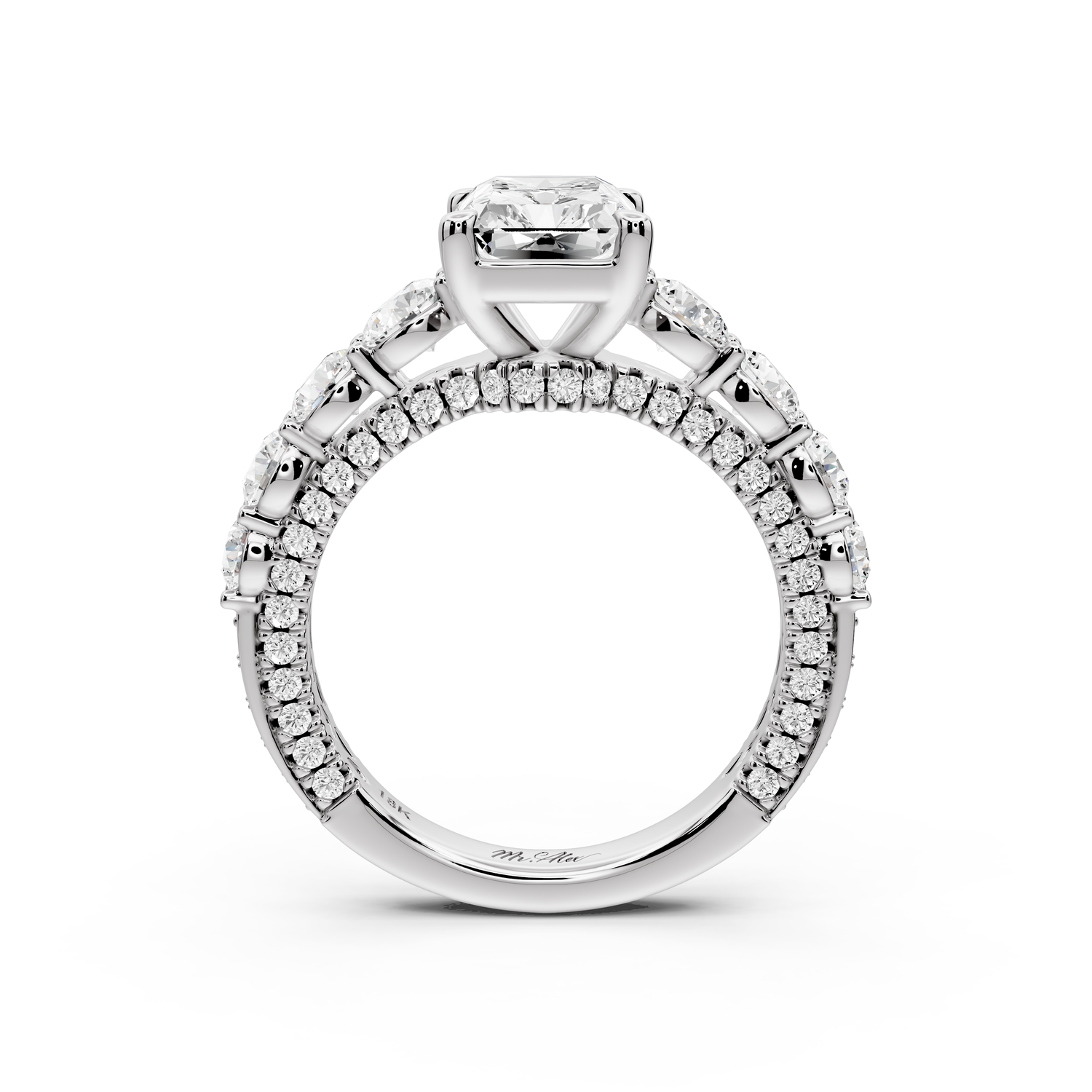 Rocio - 2ct platinum Radiant Hidden Halo Engagement Ring with Graduated Side Stones and Double Pavé Band