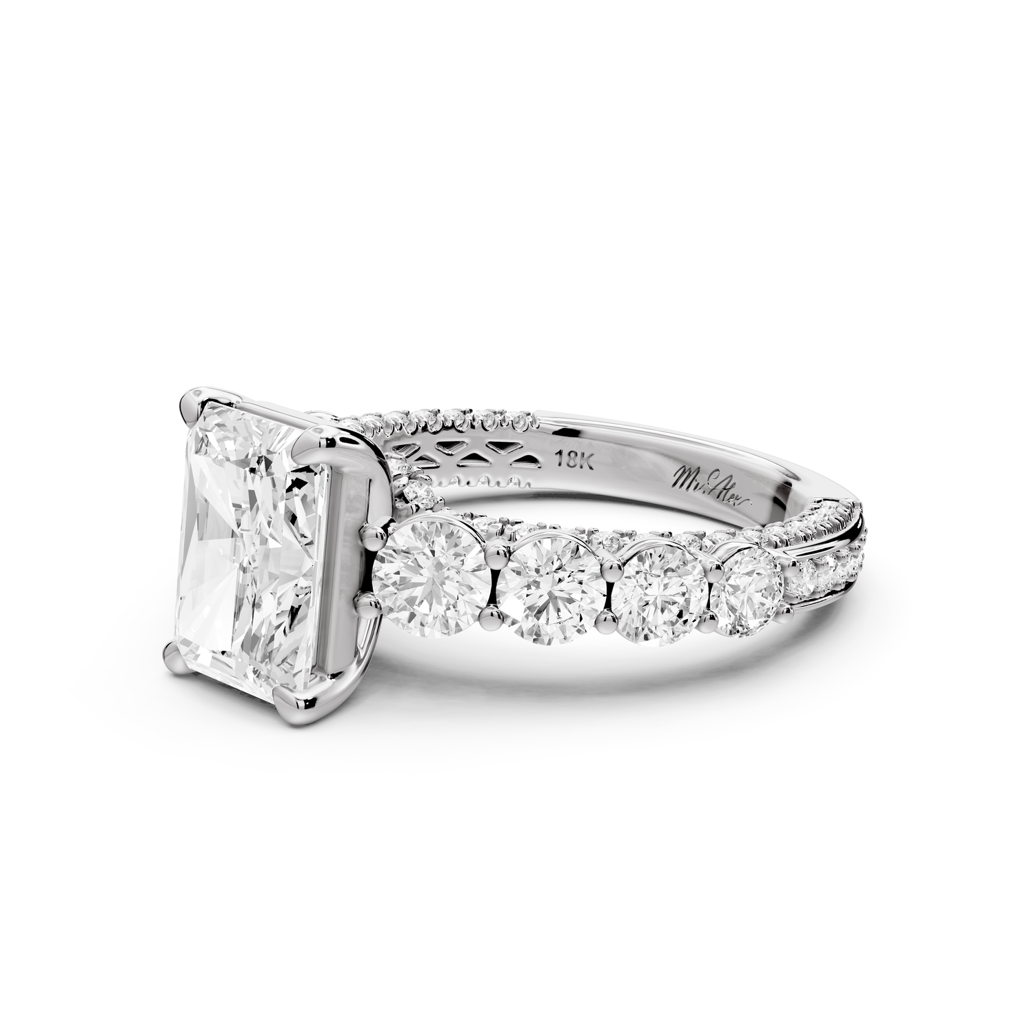Rocio - 2ct platinum Radiant Hidden Halo Engagement Ring with Graduated Side Stones and Double Pavé Band