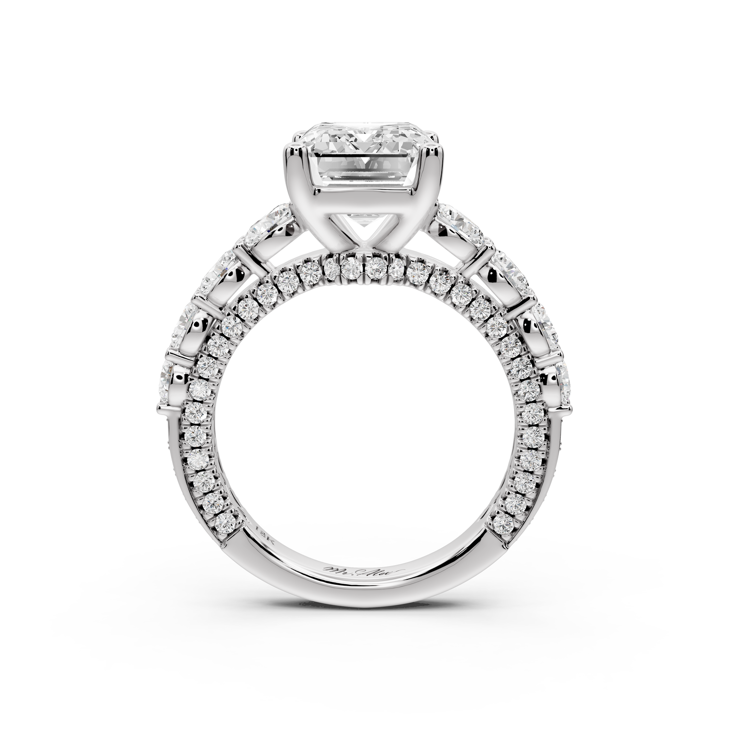 Rocio - 3ct platinum Emerald Hidden Halo Engagement Ring with Graduated Side Stones and Double Pavé Band
