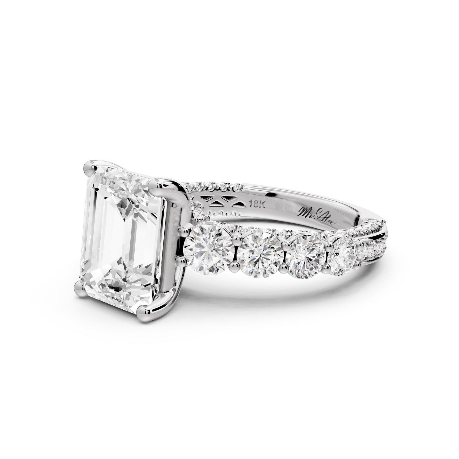 Rocio - 3ct platinum Emerald Hidden Halo Engagement Ring with Graduated Side Stones and Double Pavé Band