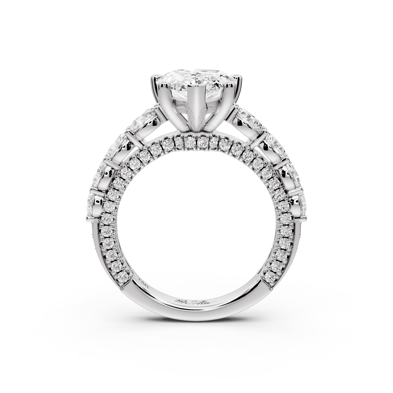 Rocio - 3ct platinum Pear Hidden Halo Engagement Ring with Graduated Side Stones and Double Pavé Band
