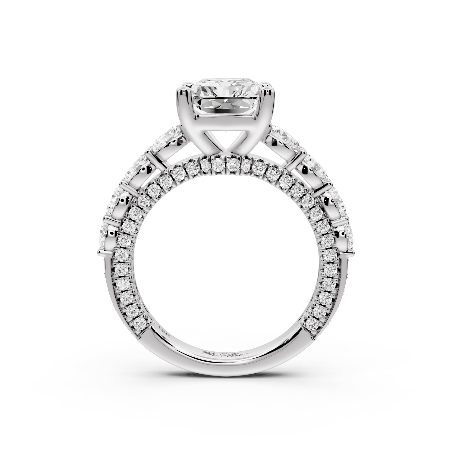 Rocio - 3ct platinum Radiant Hidden Halo Engagement Ring with Graduated Side Stones and Double Pavé Band