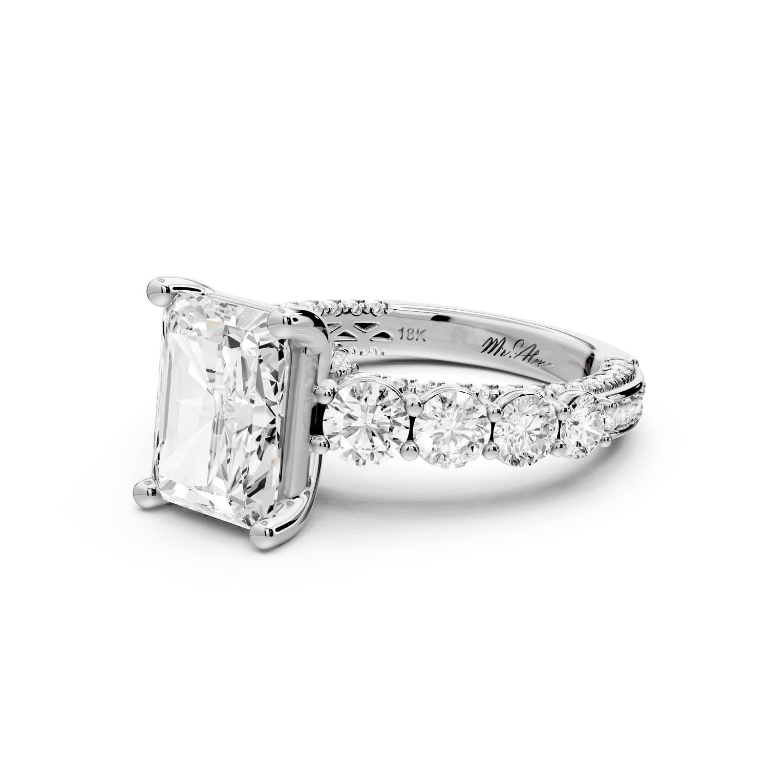 Rocio - 3ct platinum Radiant Hidden Halo Engagement Ring with Graduated Side Stones and Double Pavé Band