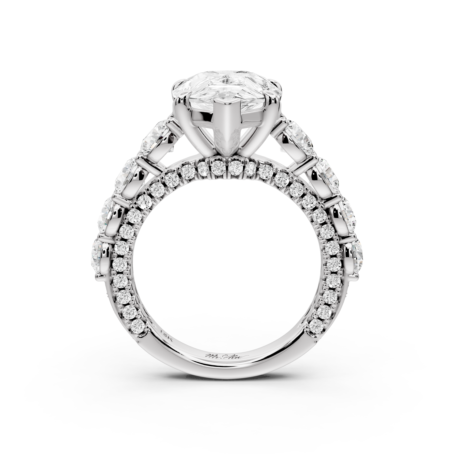 Rocio - 4ct platinum Pear Hidden Halo Engagement Ring with Graduated Side Stones and Double Pavé Band