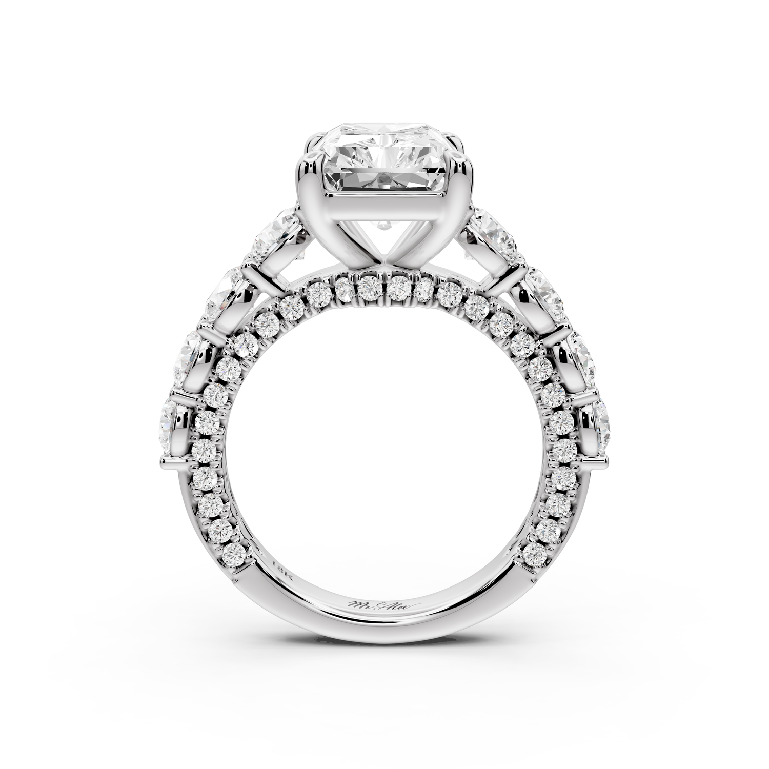 Rocio - 4ct platinum Radiant Hidden Halo Engagement Ring with Graduated Side Stones and Double Pavé Band