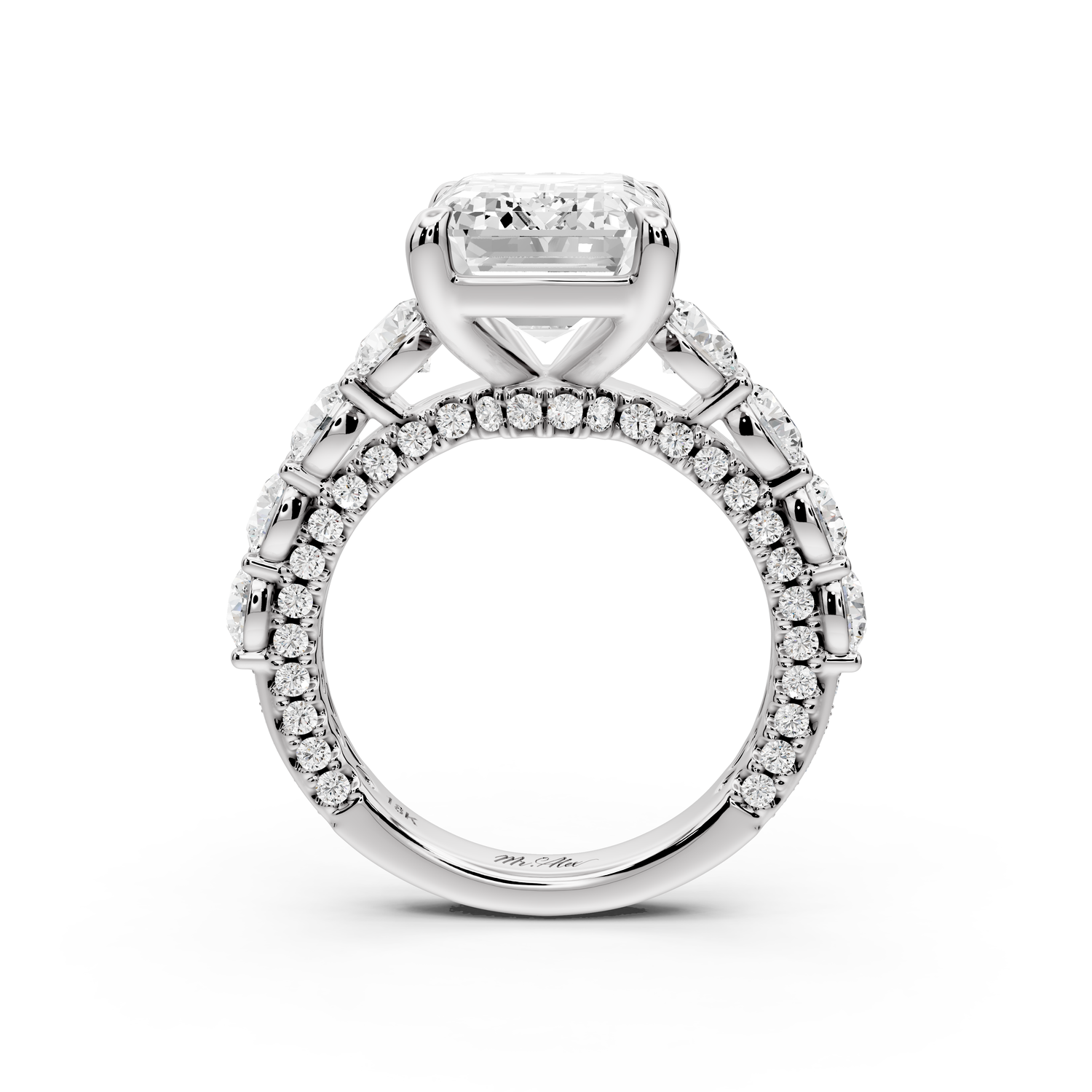 Rocio - 5ct platinum Emerald Hidden Halo Engagement Ring with Graduated Side Stones and Double Pavé Band