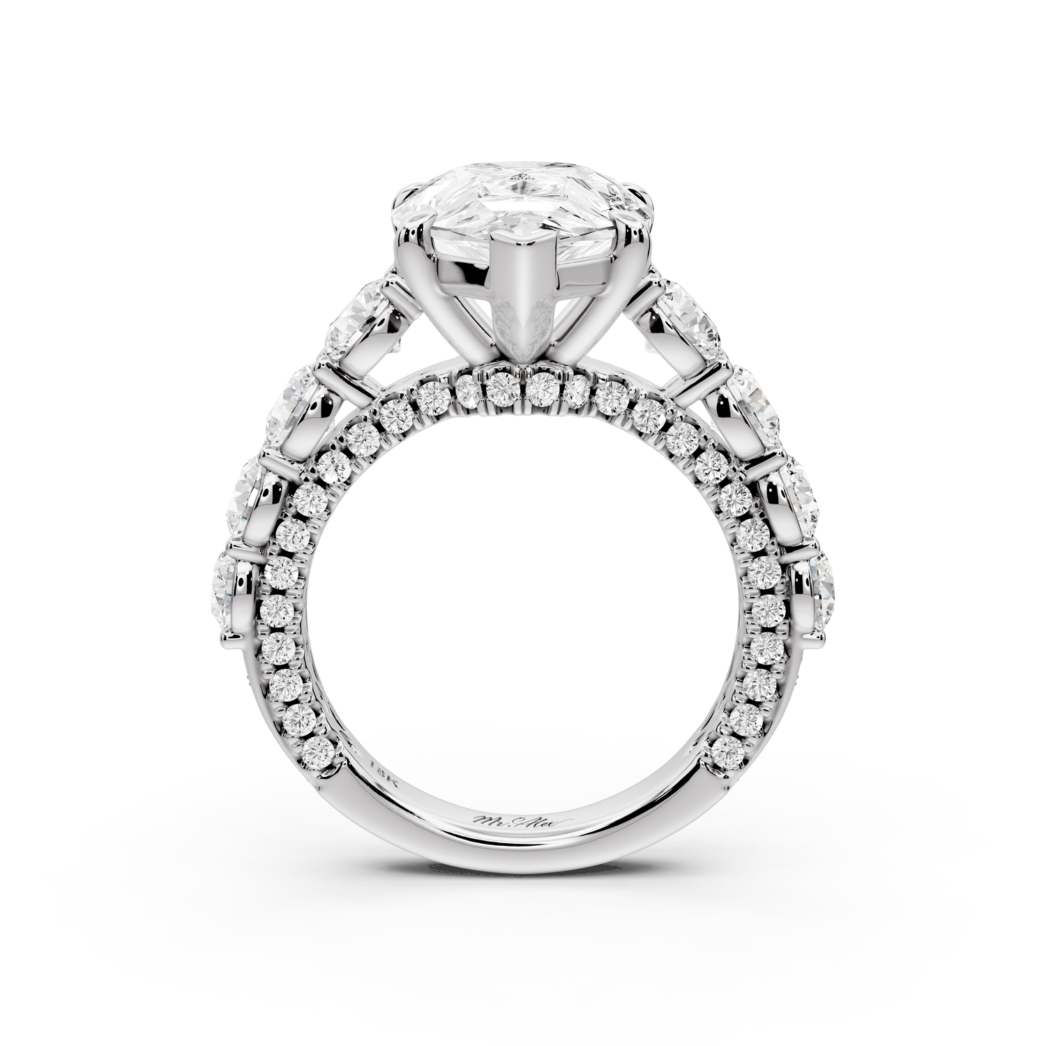 Rocio - 5ct platinum Pear Hidden Halo Engagement Ring with Graduated Side Stones and Double Pavé Band
