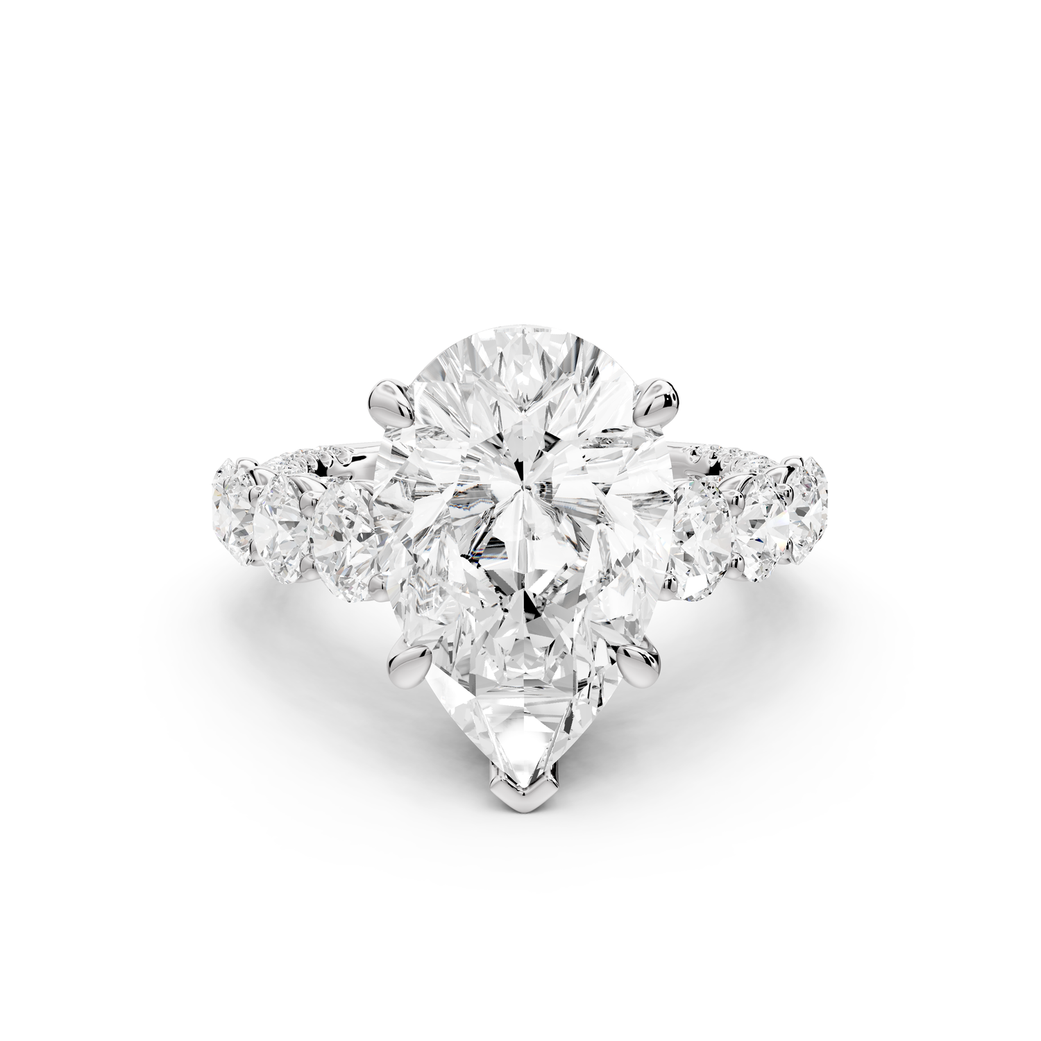 Rocio - 5ct platinum Pear Hidden Halo Engagement Ring with Graduated Side Stones and Double Pavé Band