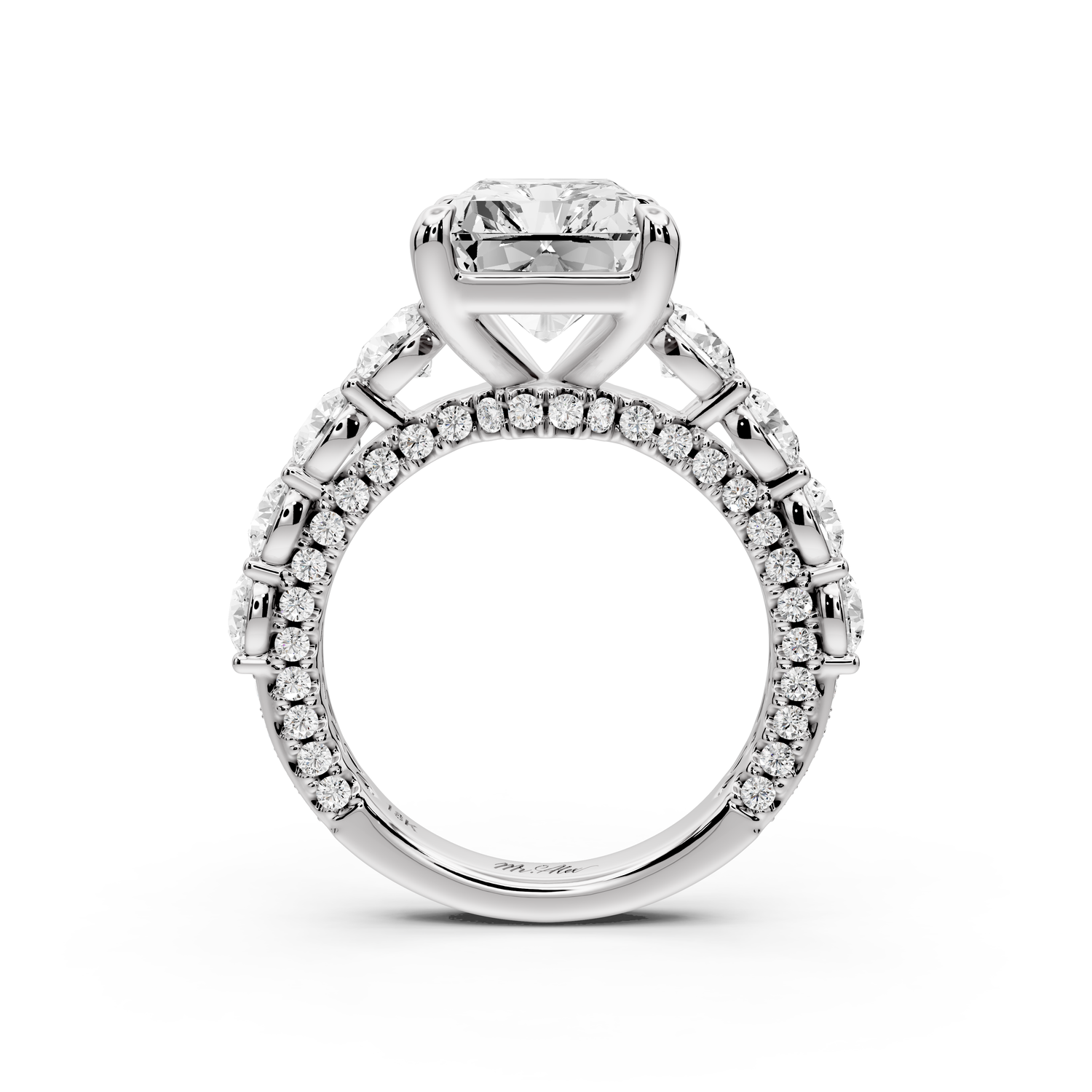 Rocio - 5ct platinum Radiant Hidden Halo Engagement Ring with Graduated Side Stones and Double Pavé Band