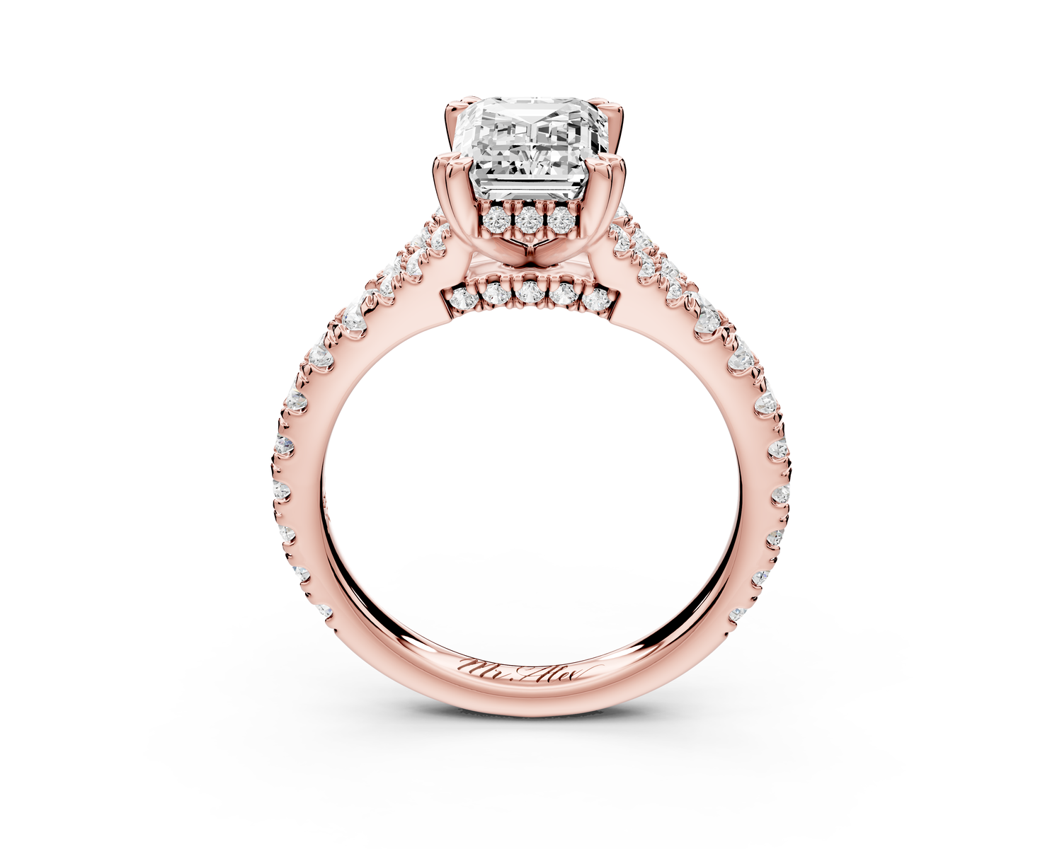 Rosalie - 2ct 14k rose gold emerald Pavé Cathedral Hidden Halo with Diamond Bridge split shank Engagement Ring
