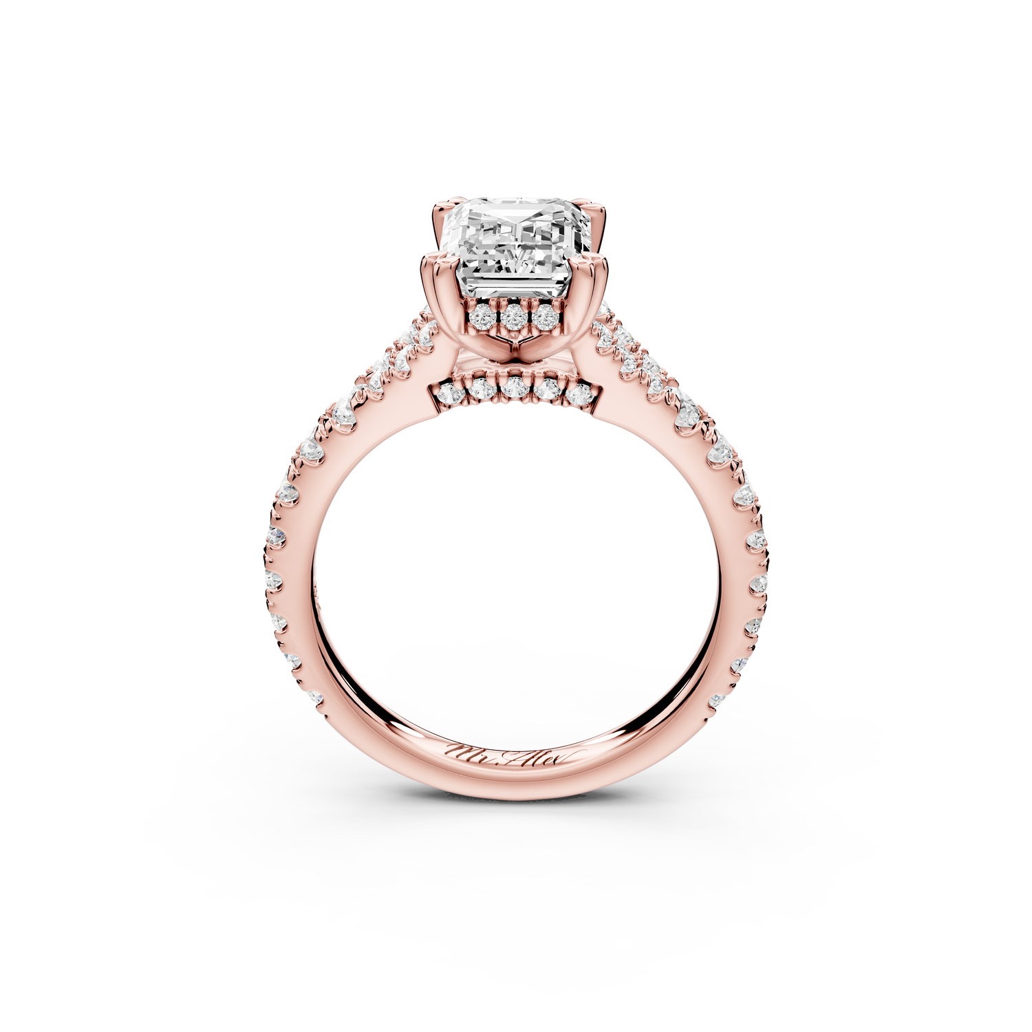 Rosalie - 2ct 14k rose gold emerald Pavé Cathedral Hidden Halo with Diamond Bridge split shank Engagement Ring