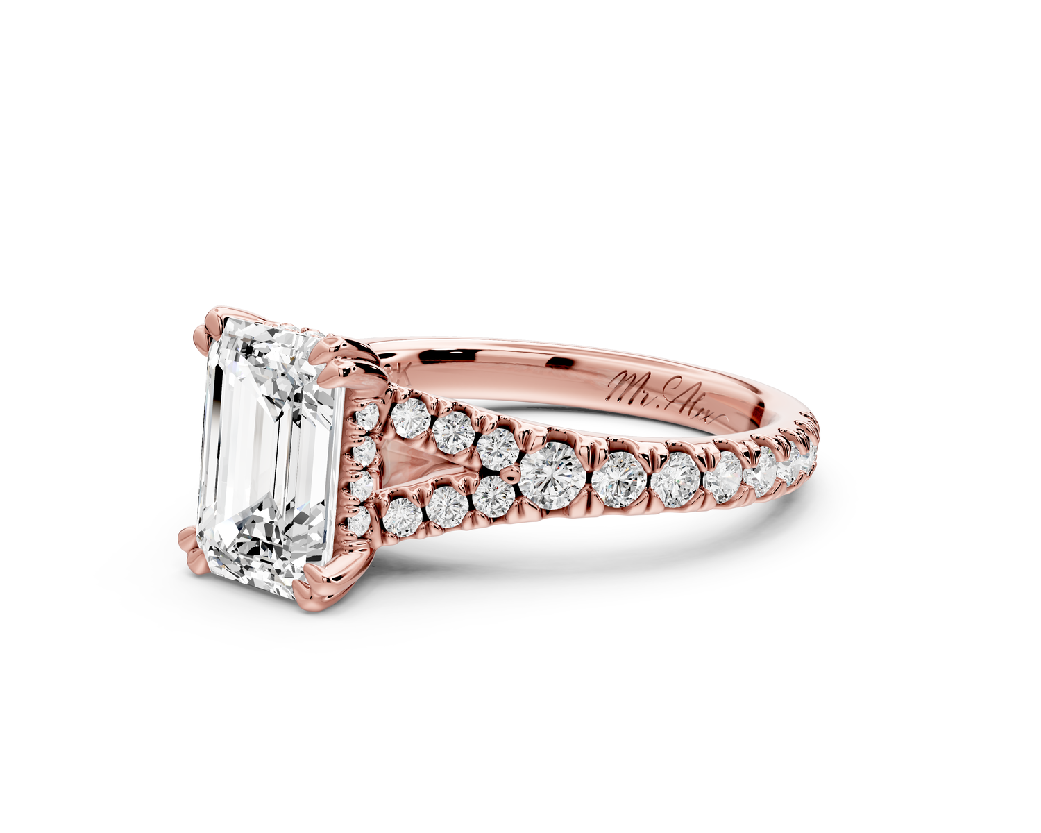 Rosalie - 2ct 14k rose gold emerald Pavé Cathedral Hidden Halo with Diamond Bridge split shank Engagement Ring