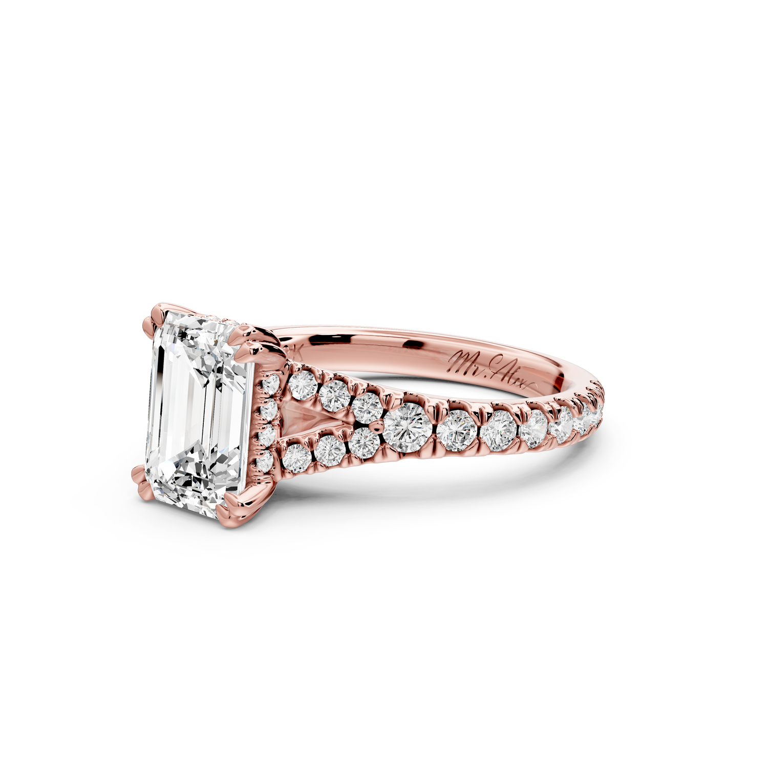 Rosalie - 2ct 14k rose gold emerald Pavé Cathedral Hidden Halo with Diamond Bridge split shank Engagement Ring