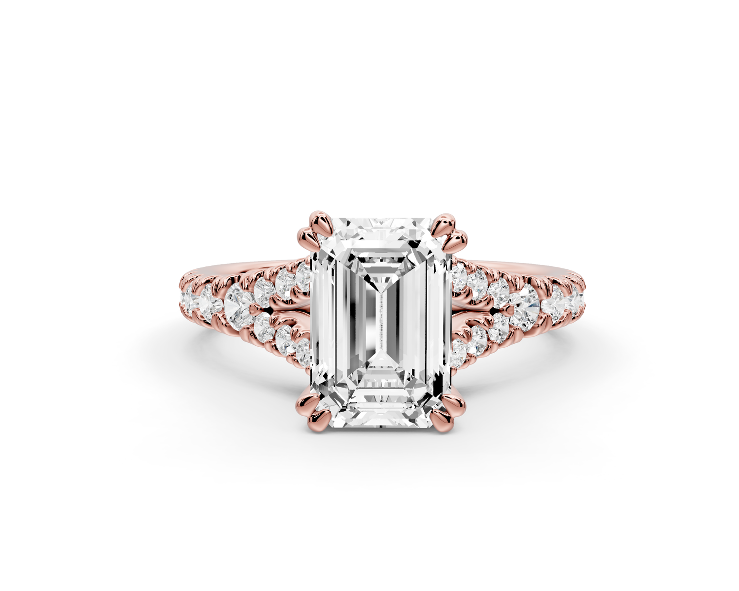 Rosalie - 2ct 14k rose gold emerald Pavé Cathedral Hidden Halo with Diamond Bridge split shank Engagement Ring