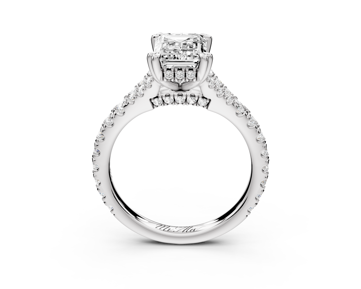 Rosalie - 2ct 14k white gold emerald Pavé Cathedral Hidden Halo with Diamond Bridge split shank Engagement Ring