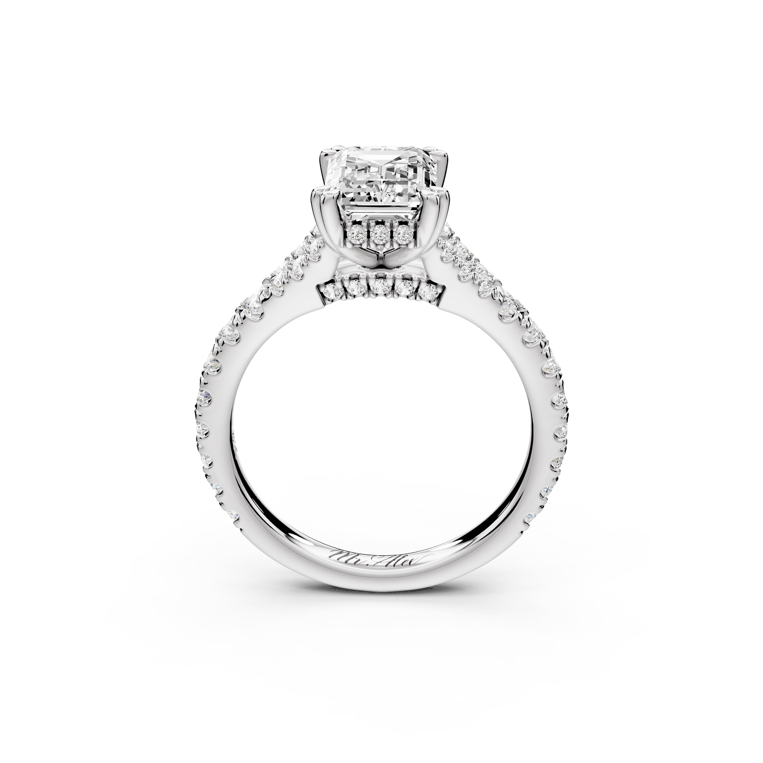 Rosalie - 2ct 14k white gold emerald Pavé Cathedral Hidden Halo with Diamond Bridge split shank Engagement Ring