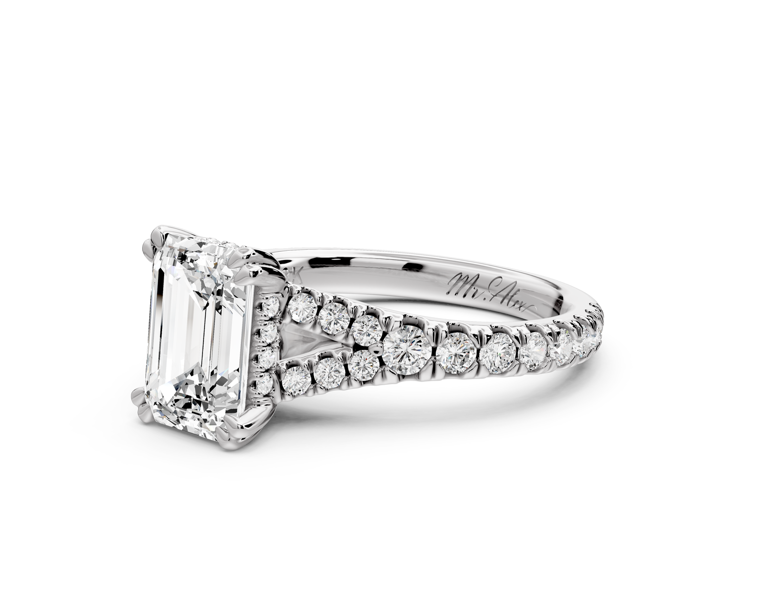 Rosalie - 2ct 14k white gold emerald Pavé Cathedral Hidden Halo with Diamond Bridge split shank Engagement Ring