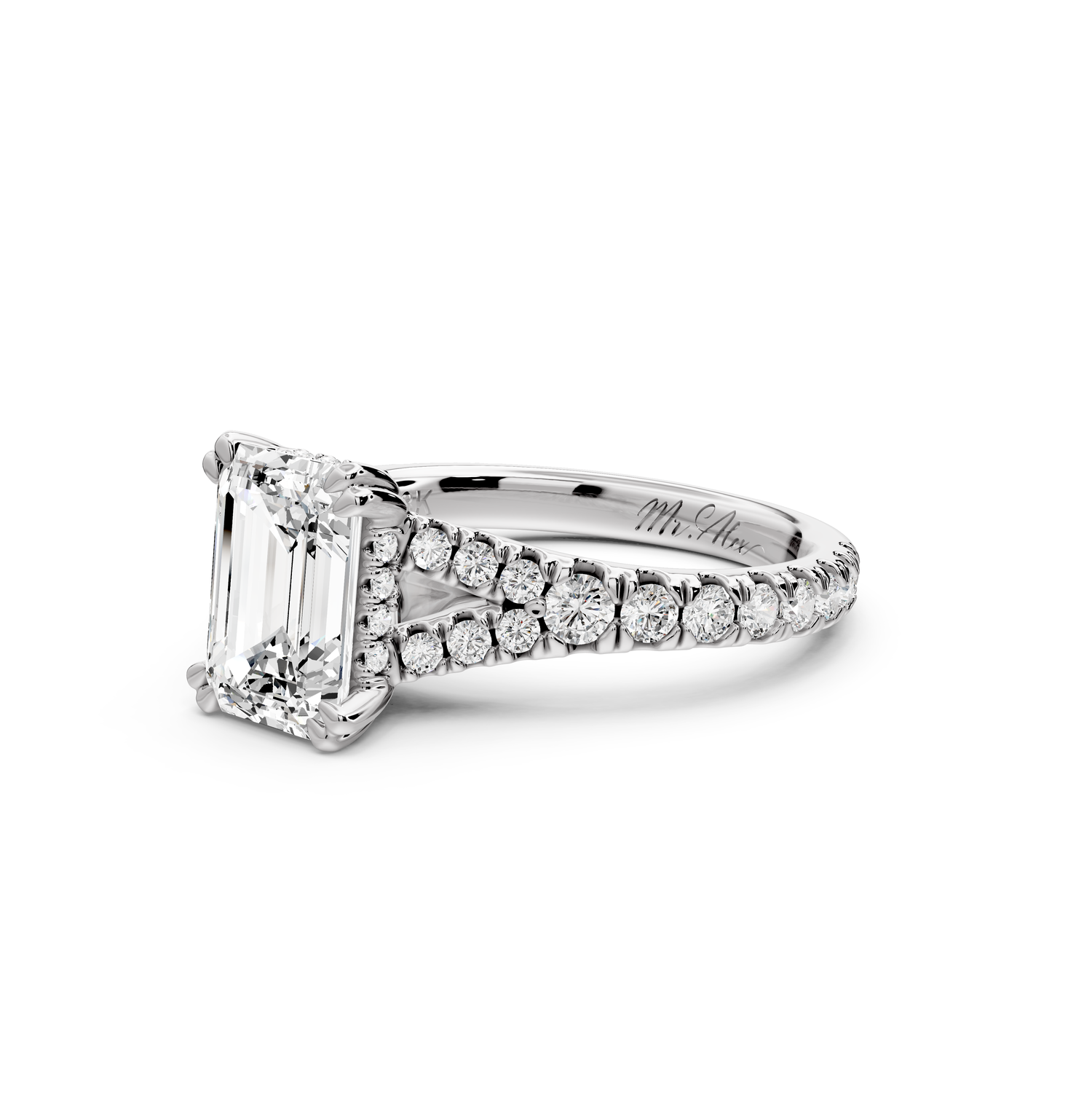 Rosalie - 2ct 14k white gold emerald Pavé Cathedral Hidden Halo with Diamond Bridge split shank Engagement Ring