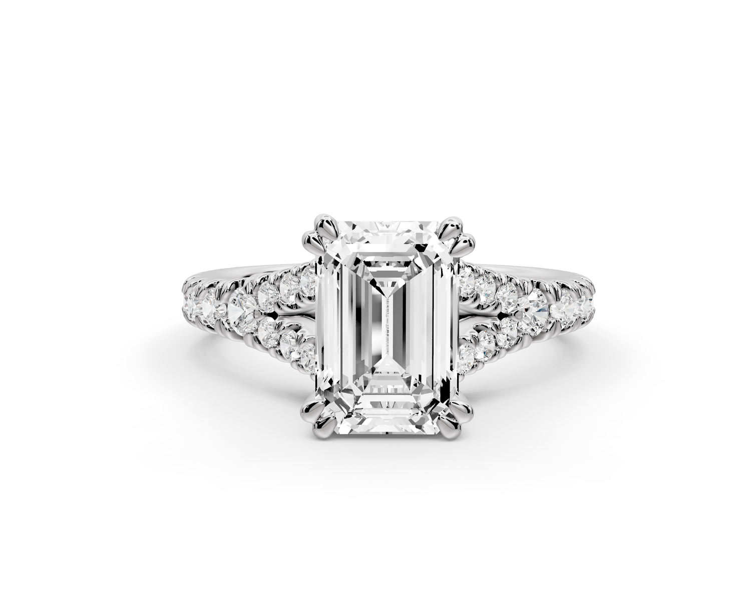 Rosalie - 2ct 14k white gold emerald Pavé Cathedral Hidden Halo with Diamond Bridge split shank Engagement Ring