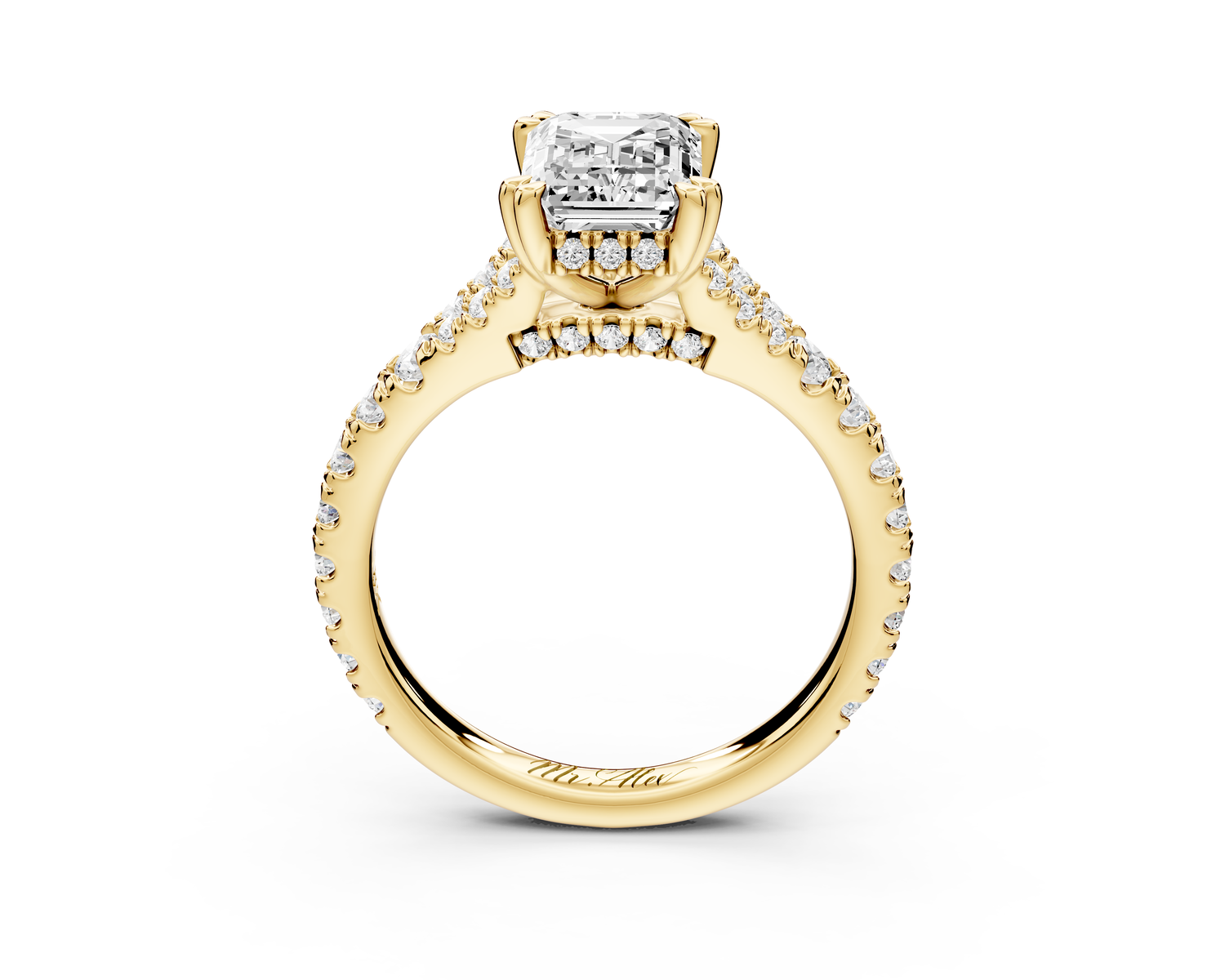 Rosalie - 2ct 14k yellow gold emerald Pavé Cathedral Hidden Halo with Diamond Bridge split shank Engagement Ring