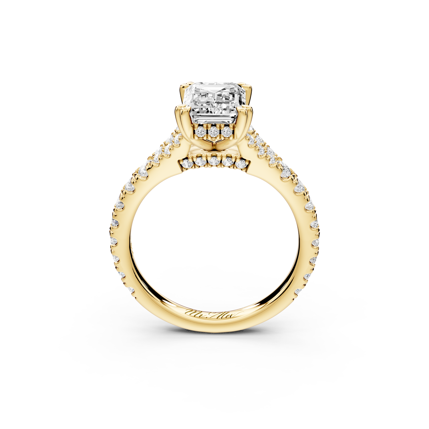 Rosalie - 2ct 14k yellow gold emerald Pavé Cathedral Hidden Halo with Diamond Bridge split shank Engagement Ring