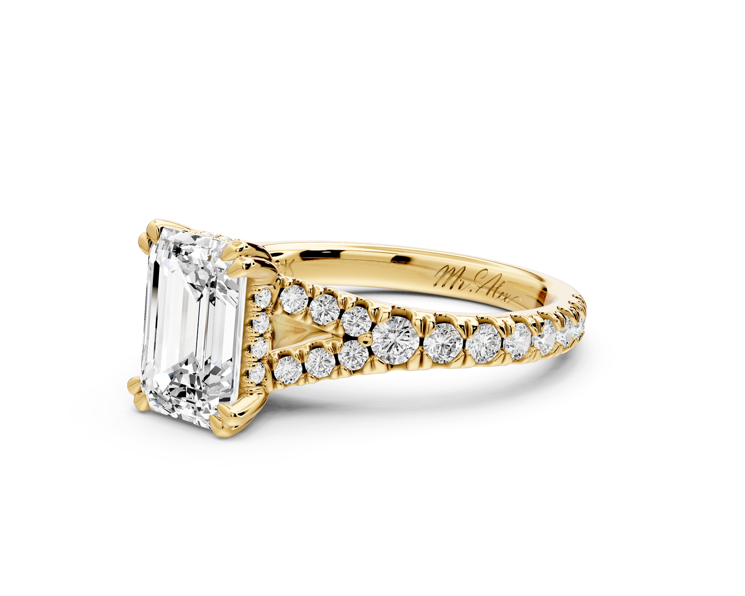 Rosalie - 2ct 14k yellow gold emerald Pavé Cathedral Hidden Halo with Diamond Bridge split shank Engagement Ring