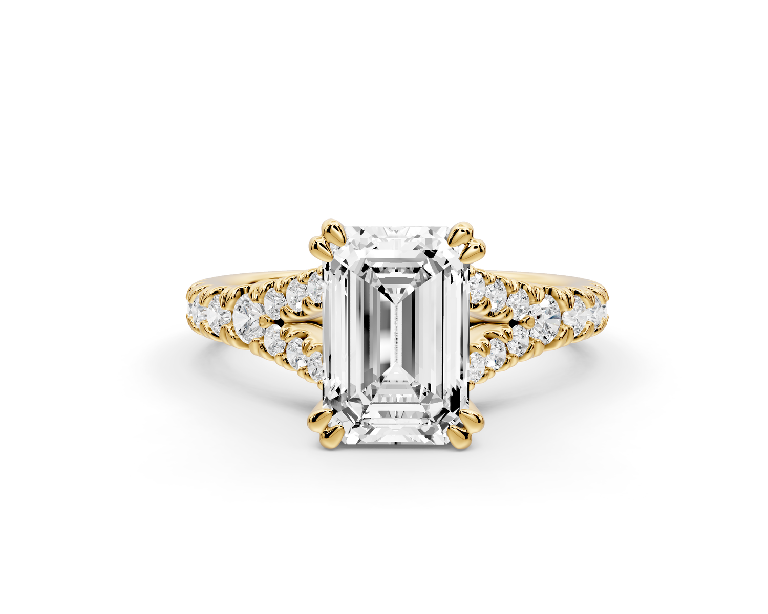 Rosalie - 2ct 14k yellow gold emerald Pavé Cathedral Hidden Halo with Diamond Bridge split shank Engagement Ring