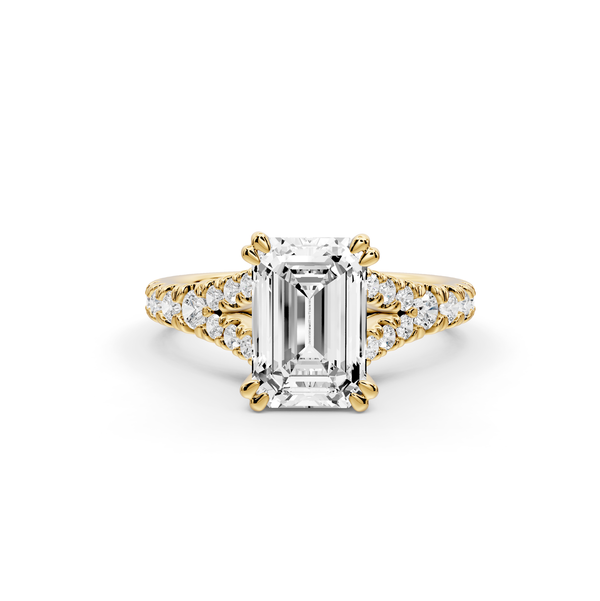 Rosalie - 2ct 14k yellow gold emerald Pavé Cathedral Hidden Halo with Diamond Bridge split shank Engagement Ring