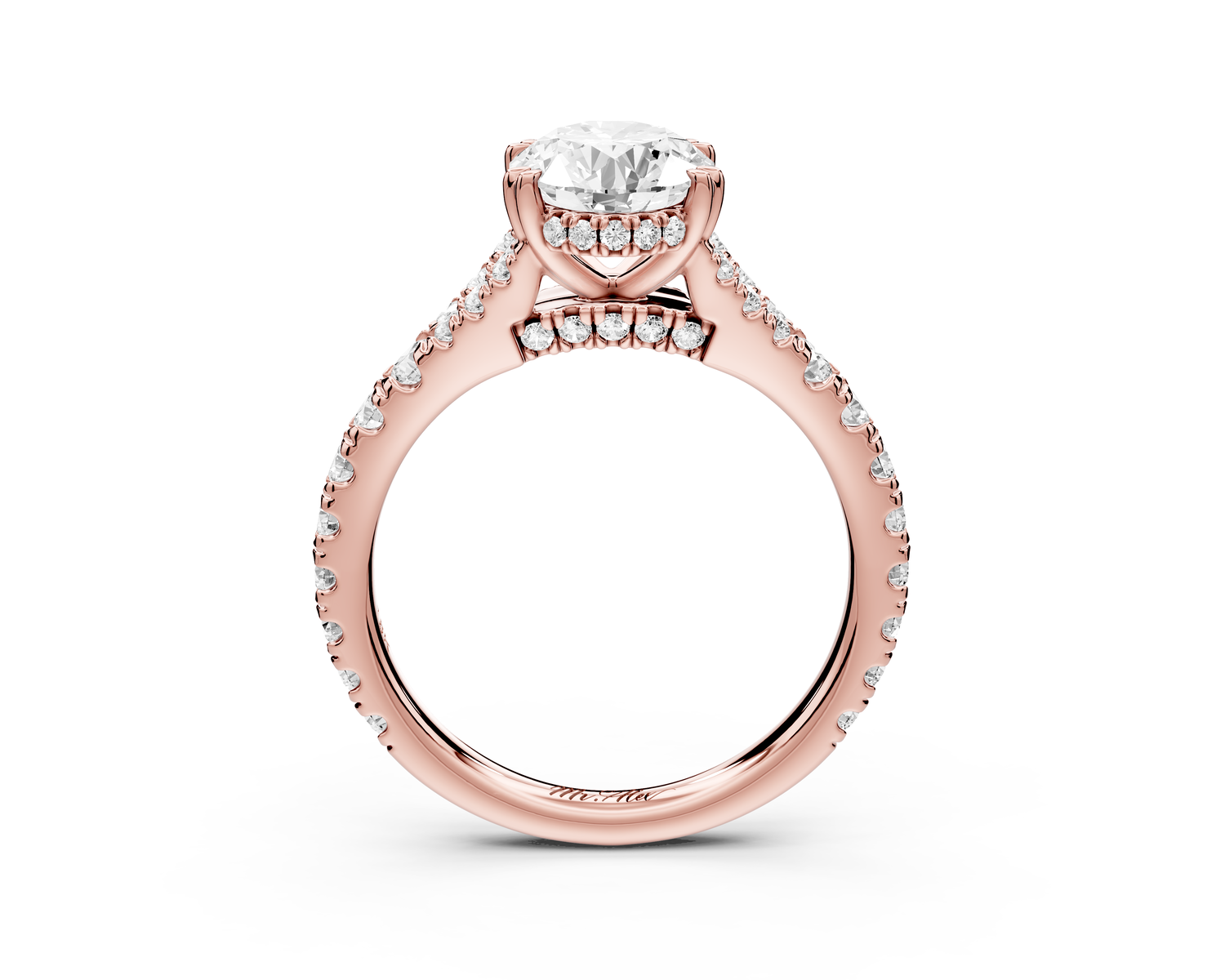 Rosalie - 2ct 14k rose gold oval Pavé Cathedral Hidden Halo with Diamond Bridge split shank Engagement Ring