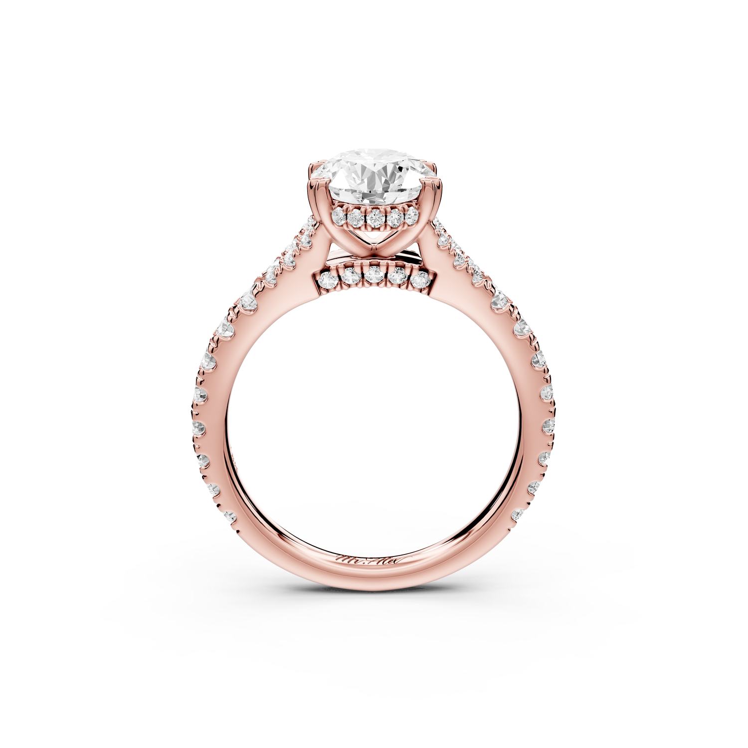 Rosalie - 2ct 14k rose gold oval Pavé Cathedral Hidden Halo with Diamond Bridge split shank Engagement Ring