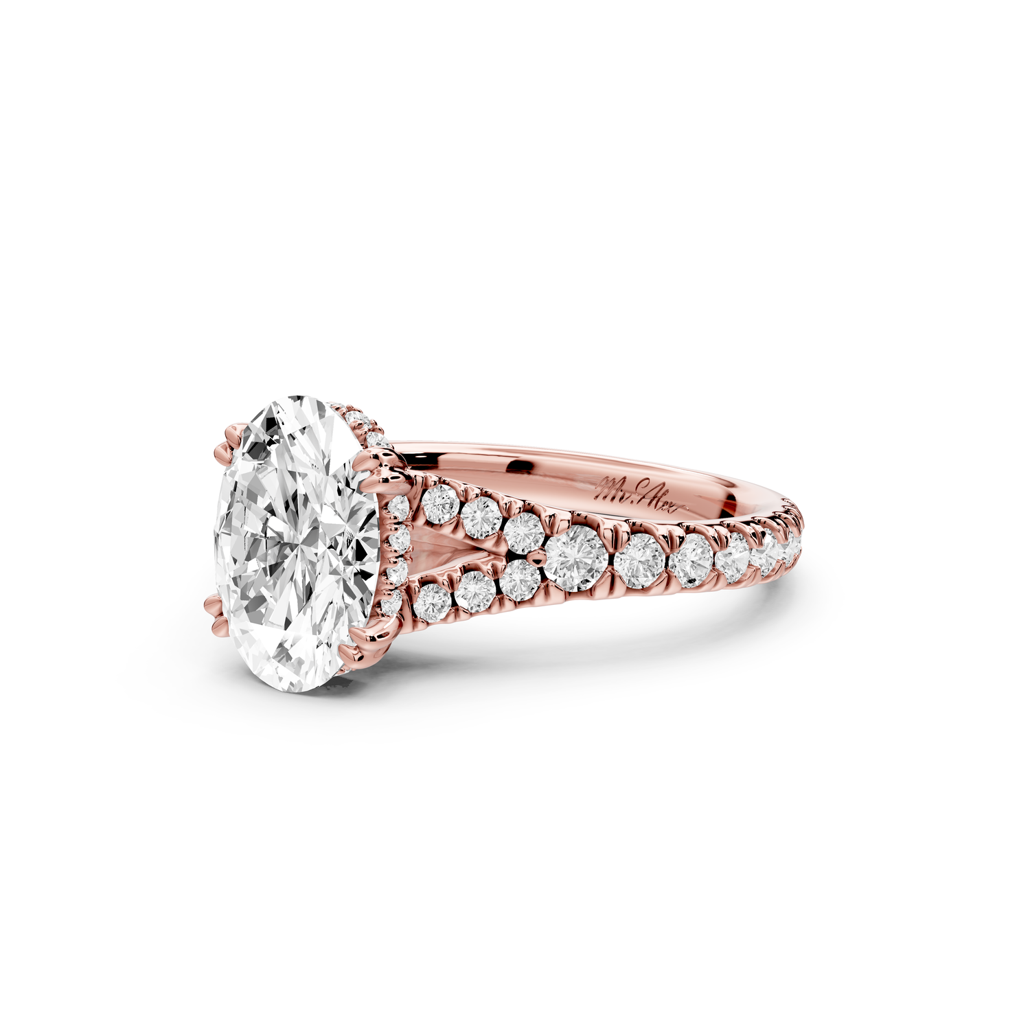 Rosalie - 2ct 14k rose gold oval Pavé Cathedral Hidden Halo with Diamond Bridge split shank Engagement Ring