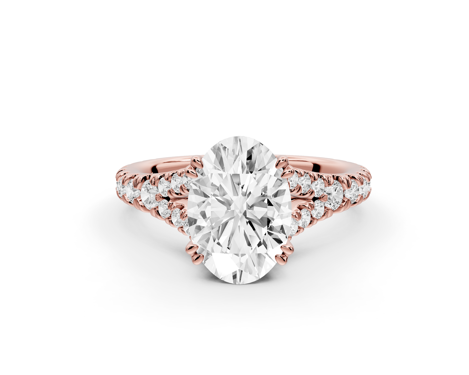 Rosalie - 2ct 14k rose gold oval Pavé Cathedral Hidden Halo with Diamond Bridge split shank Engagement Ring