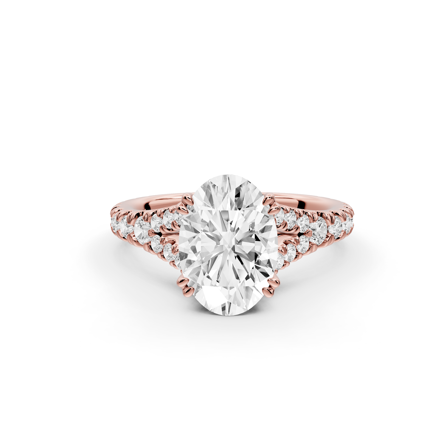 Rosalie - 2ct 14k rose gold oval Pavé Cathedral Hidden Halo with Diamond Bridge split shank Engagement Ring