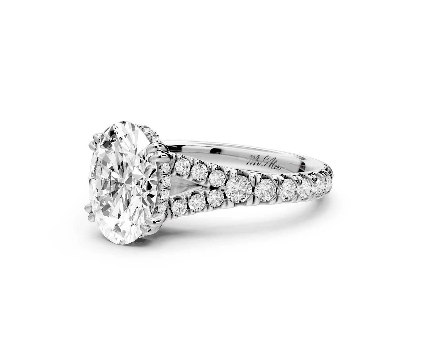 Rosalie - 2ct 14k white gold oval Pavé Cathedral Hidden Halo with Diamond Bridge split shank Engagement Ring