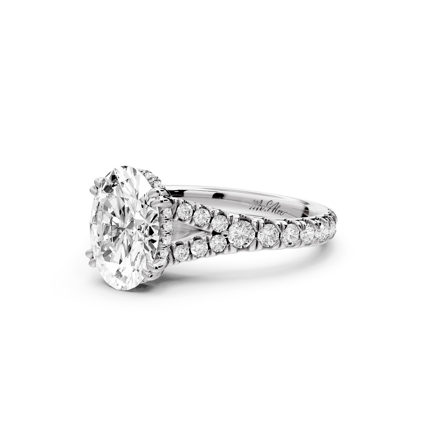 Rosalie - 2ct 14k white gold oval Pavé Cathedral Hidden Halo with Diamond Bridge split shank Engagement Ring