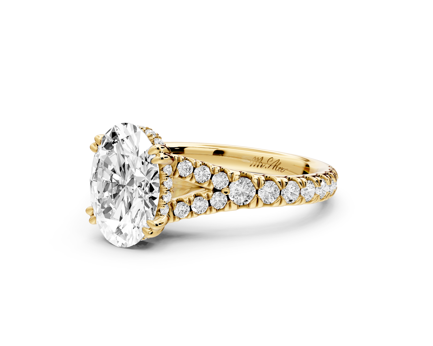 Rosalie - 2ct 14k yellow gold oval Pavé Cathedral Hidden Halo with Diamond Bridge split shank Engagement Ring