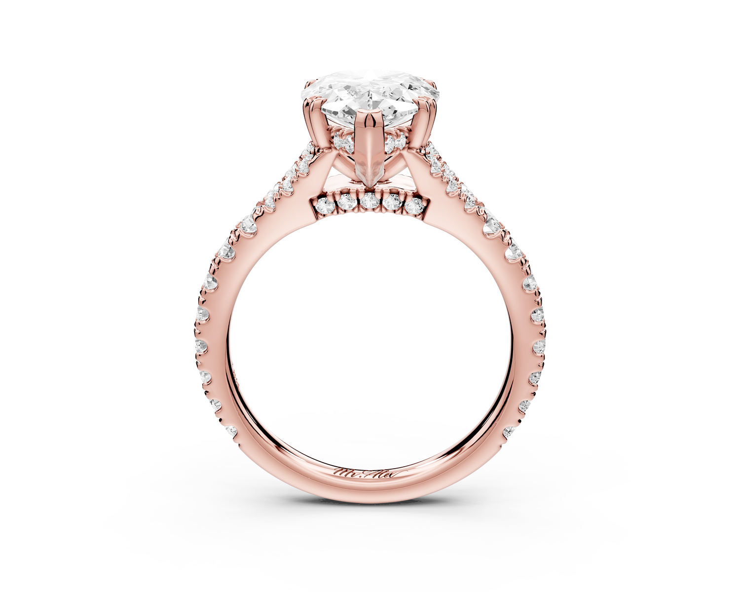 Rosalie - 2ct 14k rose gold pear Pavé Cathedral Hidden Halo with Diamond Bridge split shank Engagement Ring