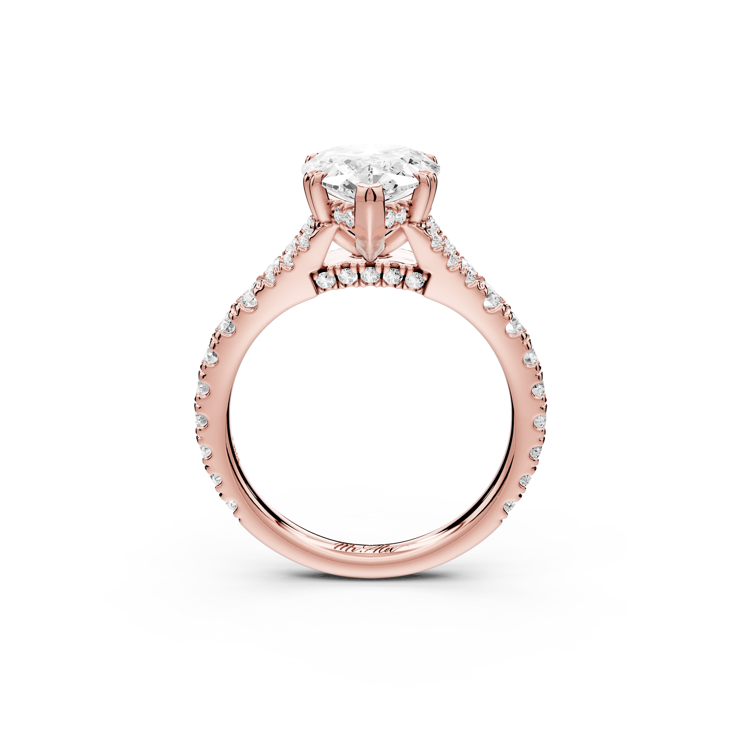 Rosalie - 2ct 14k rose gold pear Pavé Cathedral Hidden Halo with Diamond Bridge split shank Engagement Ring